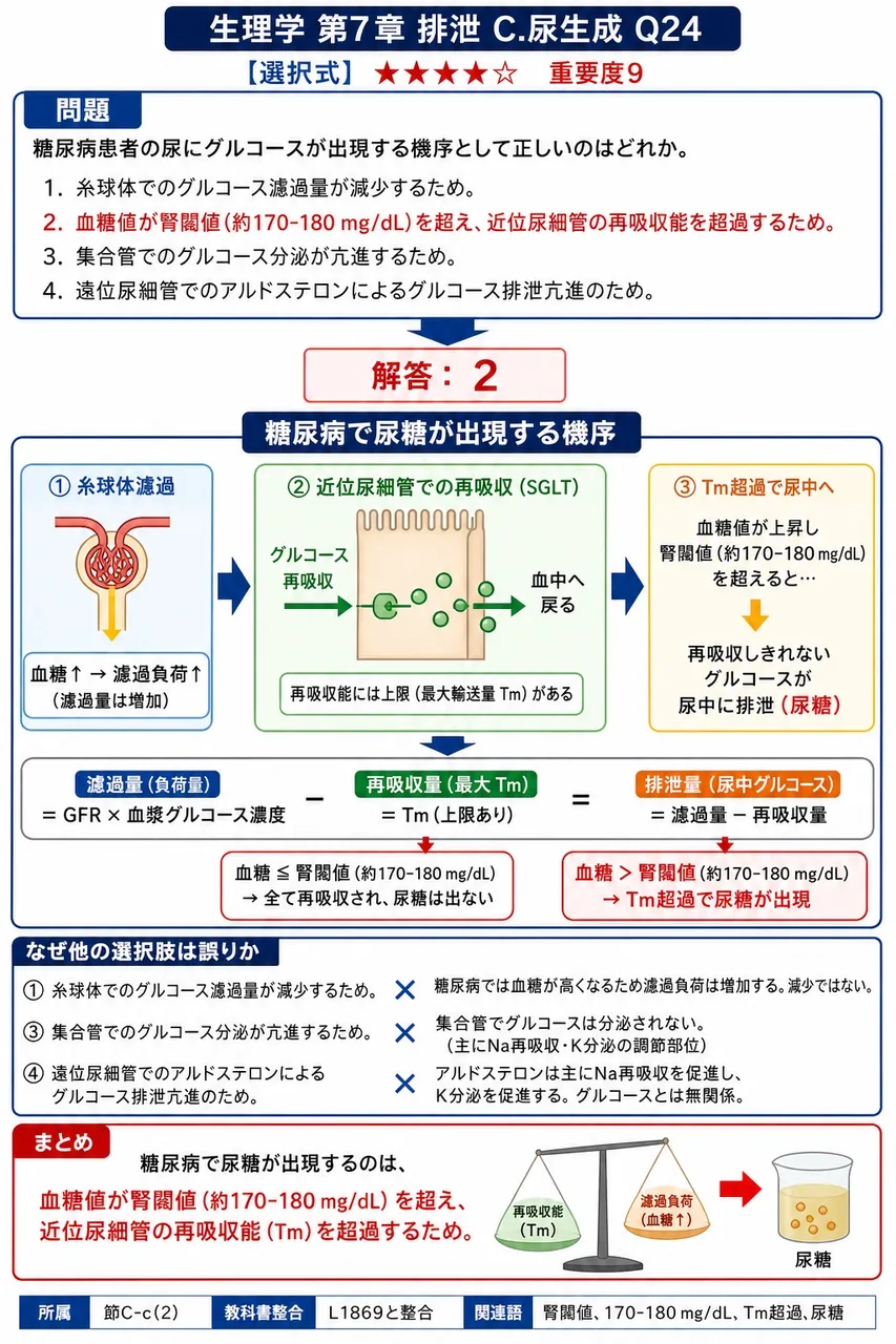 糖尿病患者の尿にグルコースが出現する機序として正しいのはどれか。 解説図