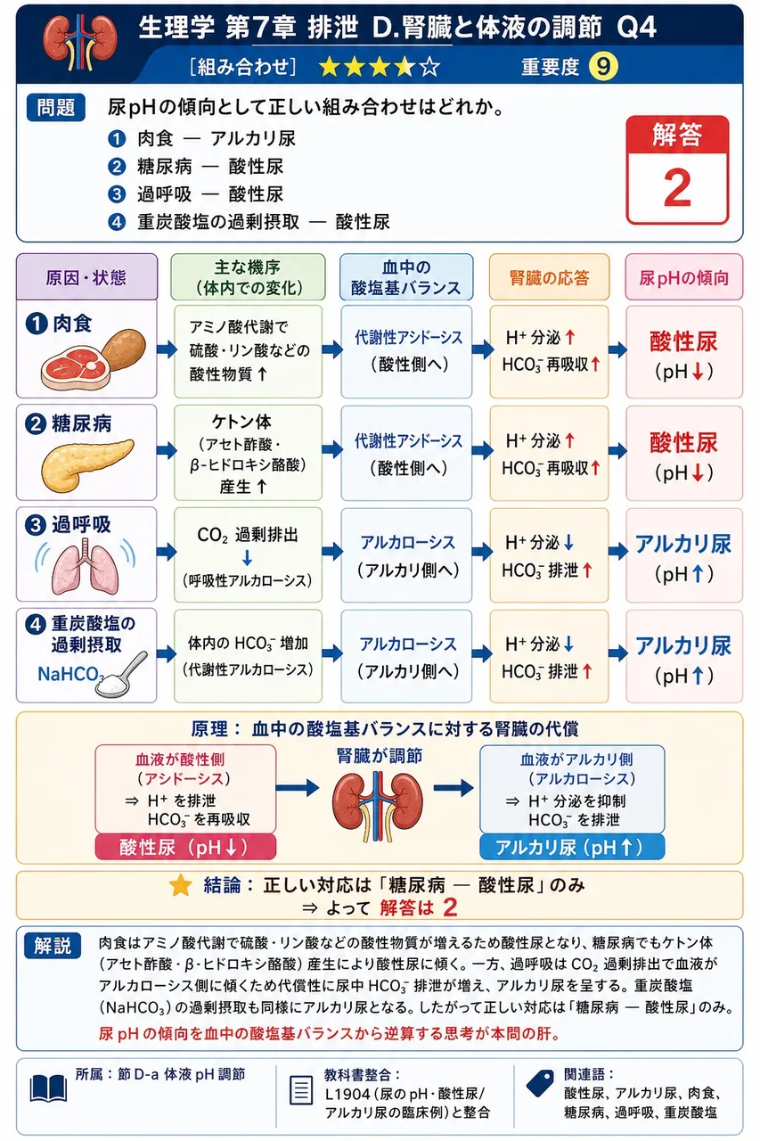 尿pHの傾向として正しい組み合わせはどれか。 解説図