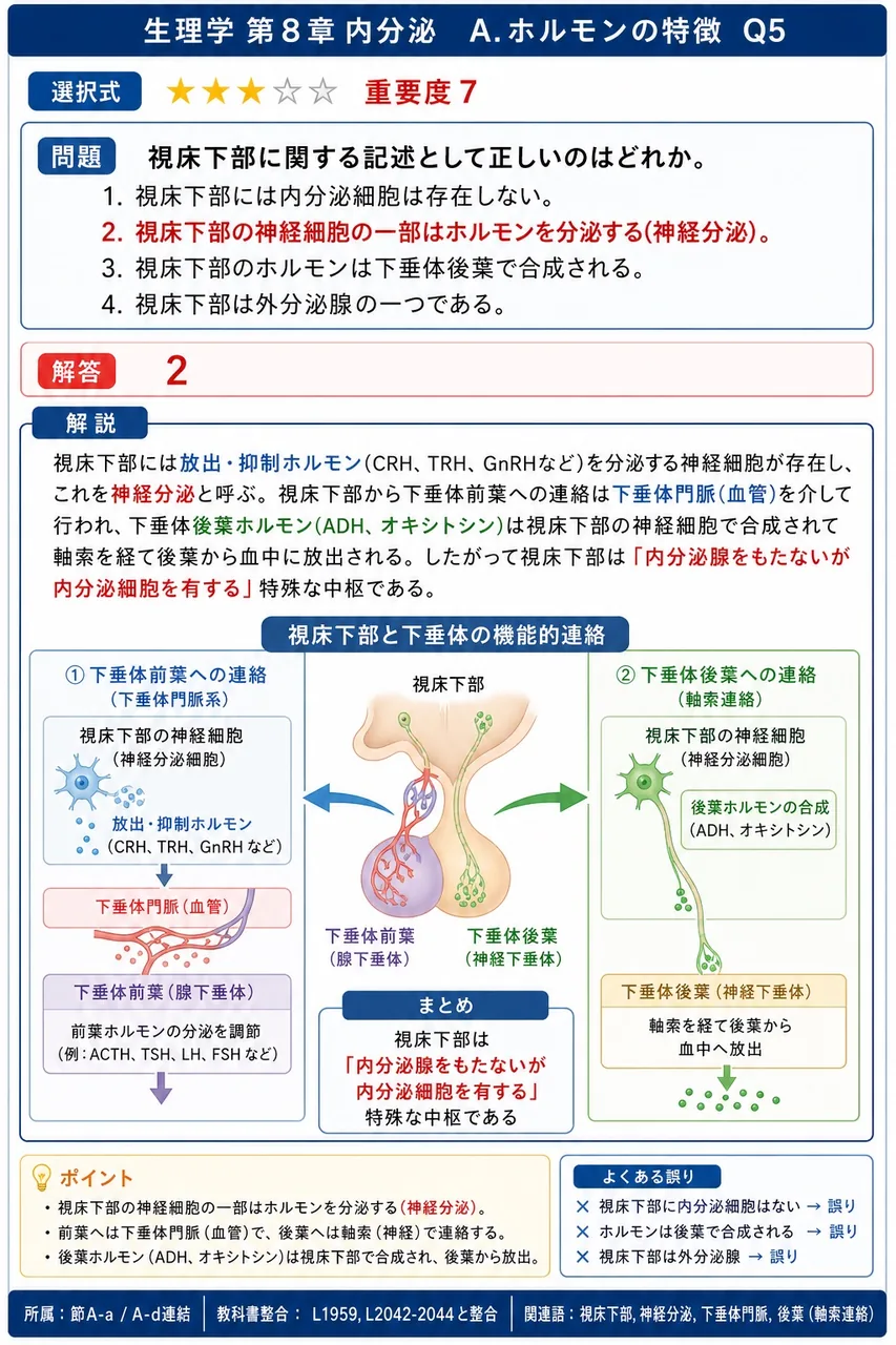 視床下部に関する記述として正しいのはどれか。 解説図