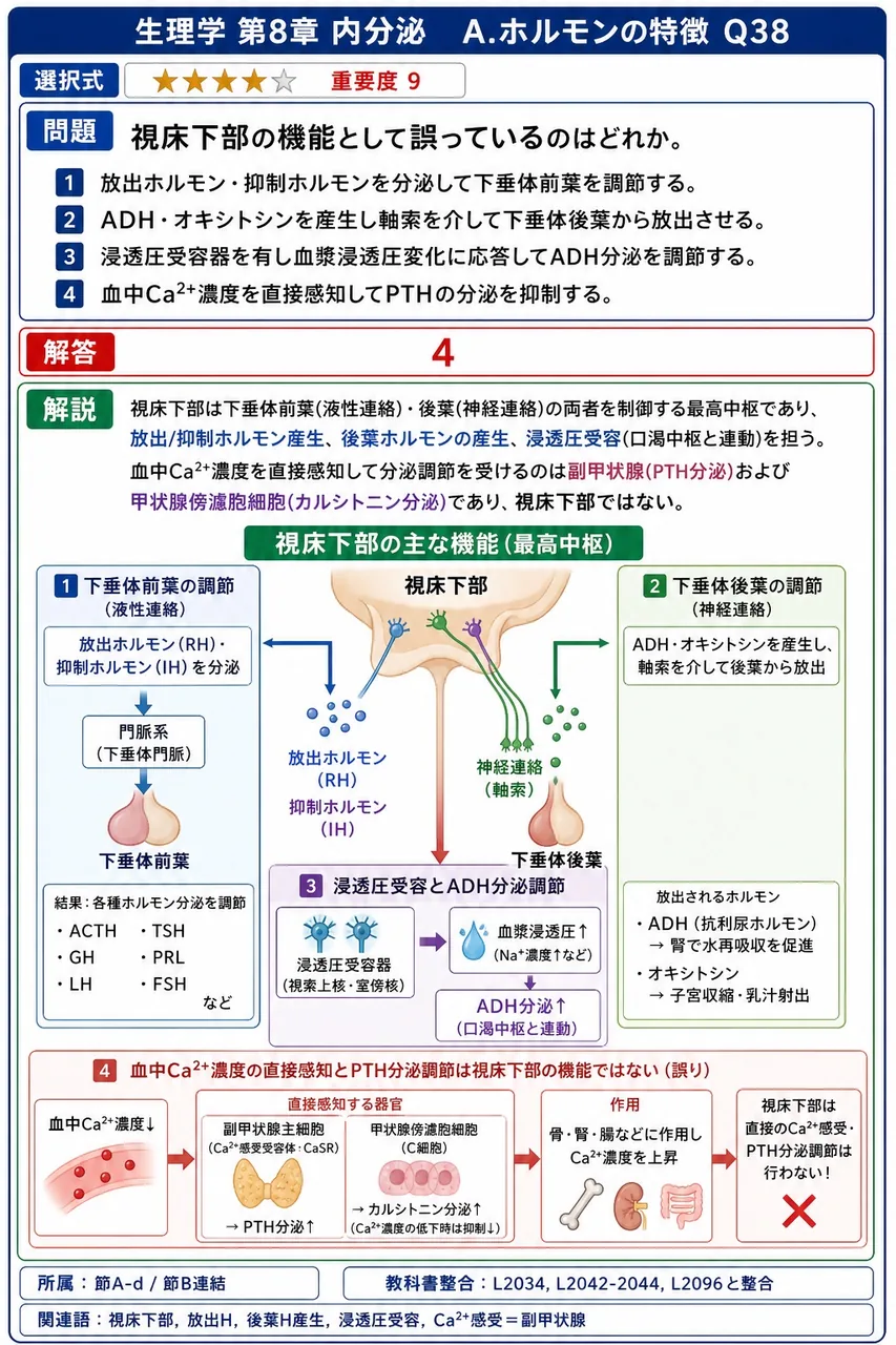 視床下部の機能として誤っているのはどれか。 解説図