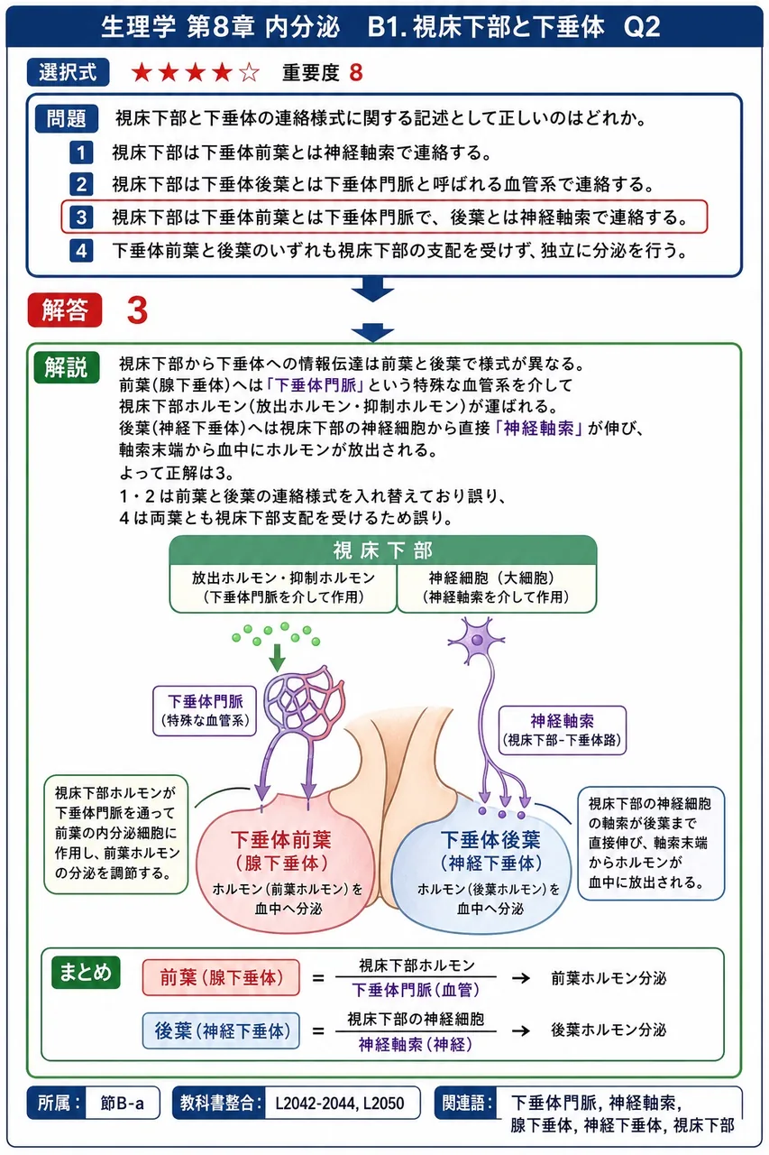 視床下部と下垂体の連絡様式に関する記述として正しいのはどれか。 解説図