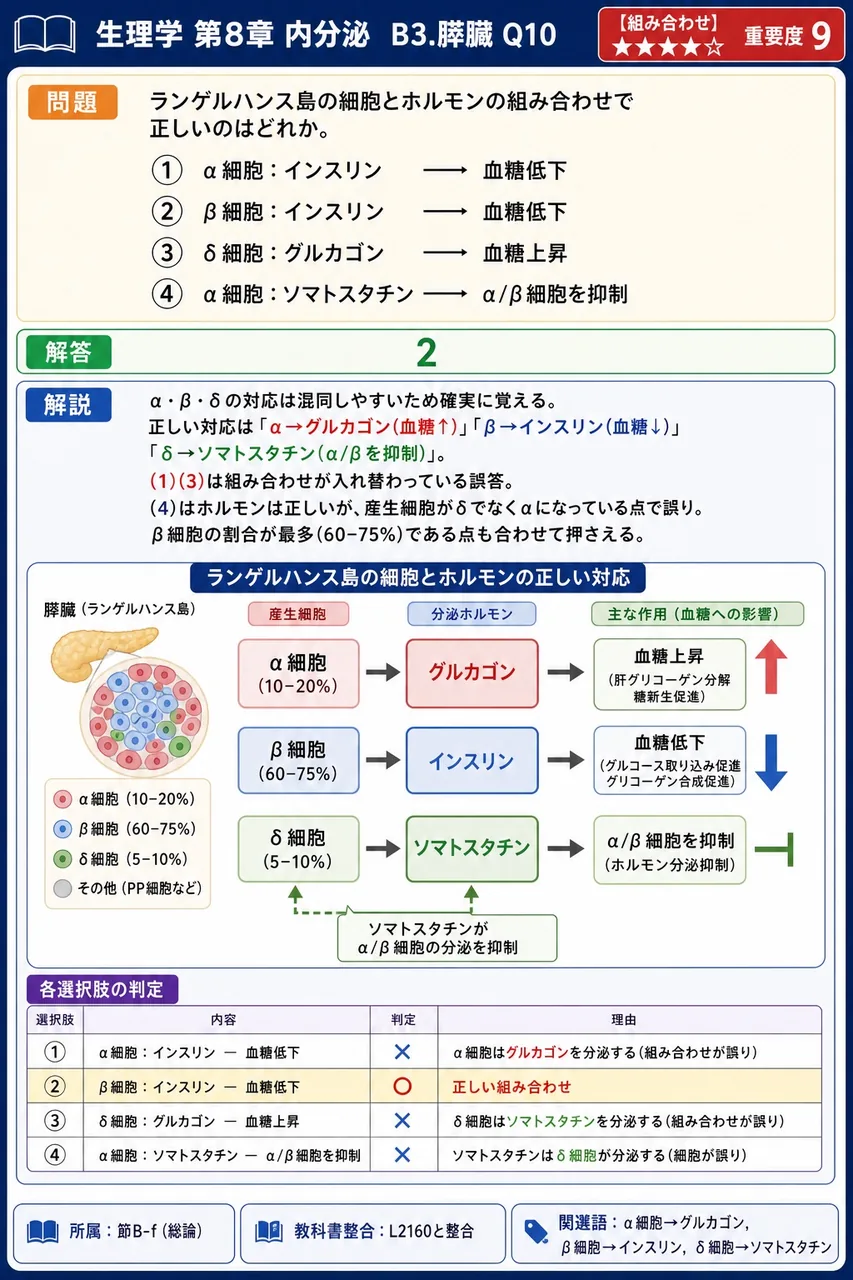 ランゲルハンス島の細胞とホルモンの組み合わせで正しいのはどれか。 解説図