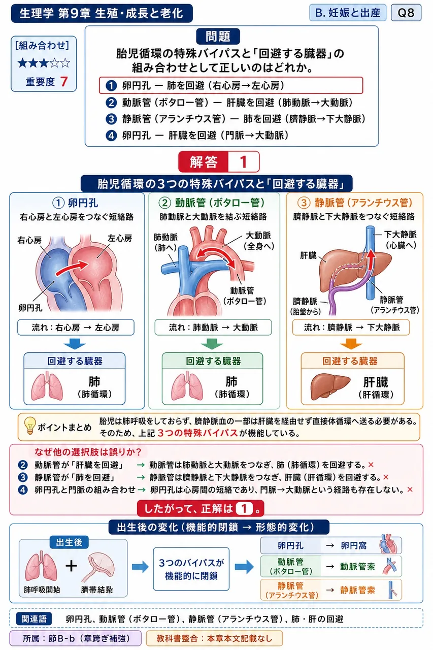 胎児循環の特殊バイパスと「回避する臓器」の組み合わせとして正しいのはどれか。 解説図