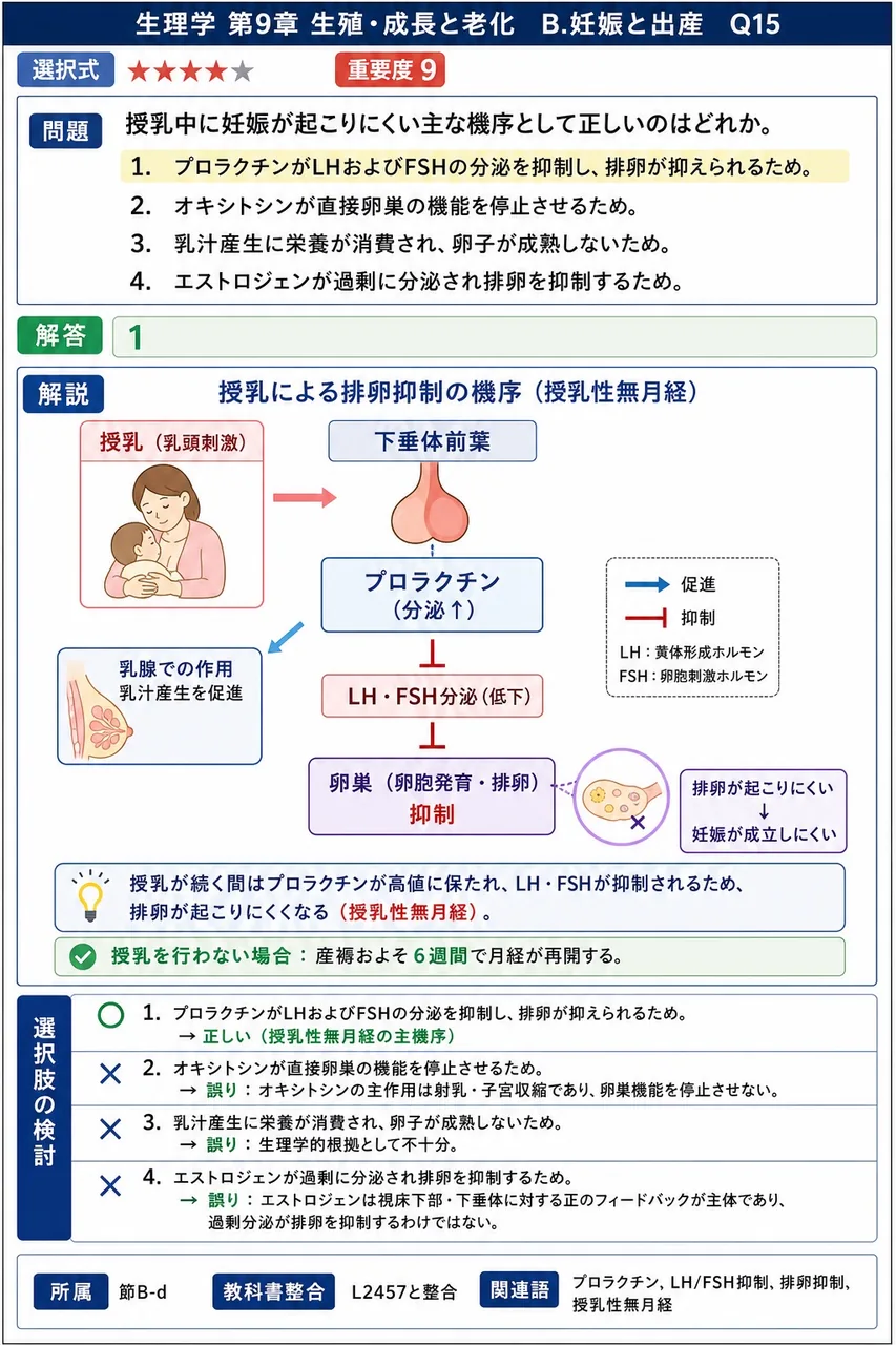 授乳中に妊娠が起こりにくい主な機序として正しいのはどれか。 解説図