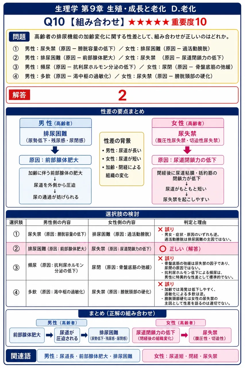 高齢者の排尿機能の加齢変化に関する性差として、組み合わせが正しいのはどれか。 解説図