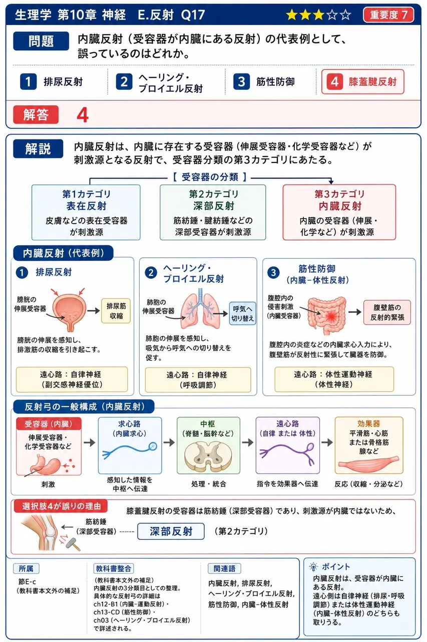内臓反射（受容器が内臓にある反射）の代表例として、誤っているのはどれか。 解説図