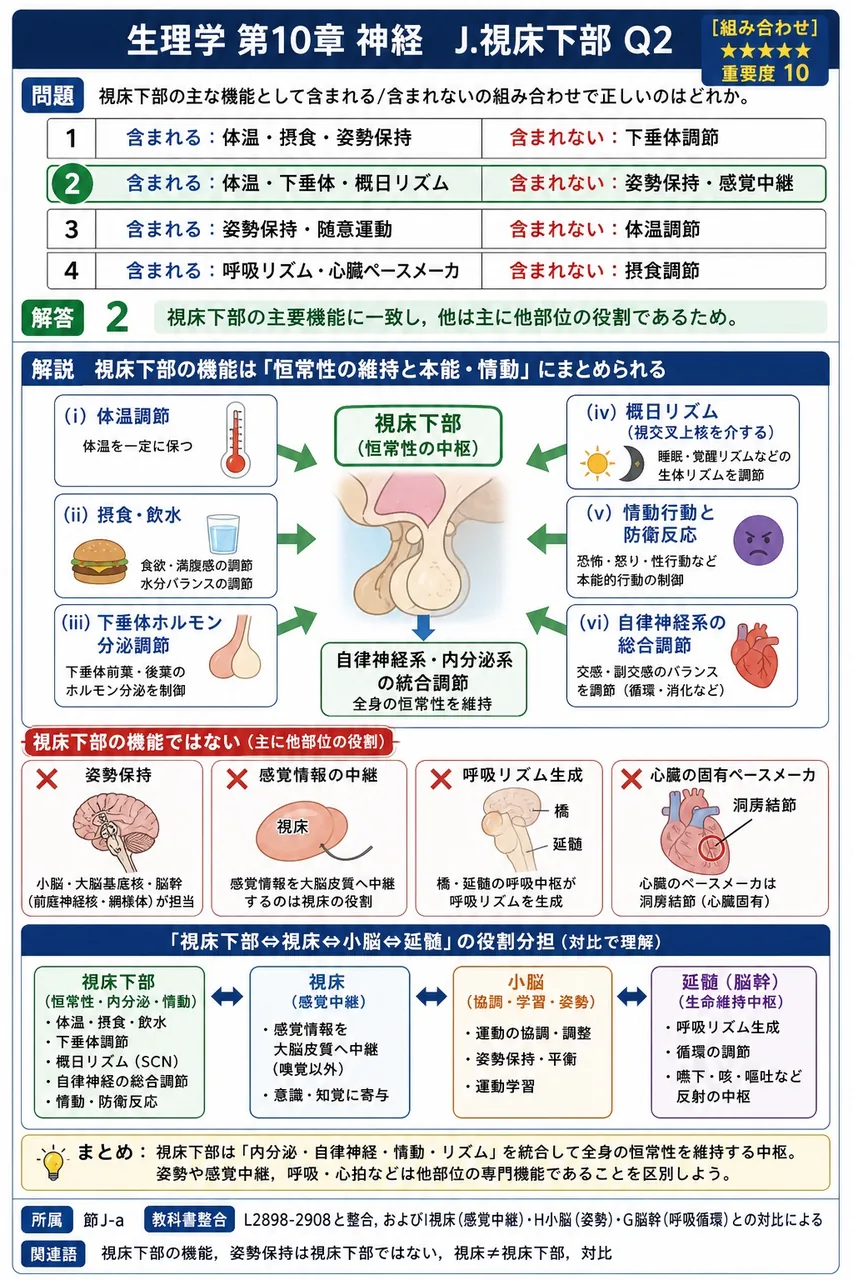 視床下部の主な機能として含まれる/含まれないの組み合わせで正しいのはどれか。 解説図
