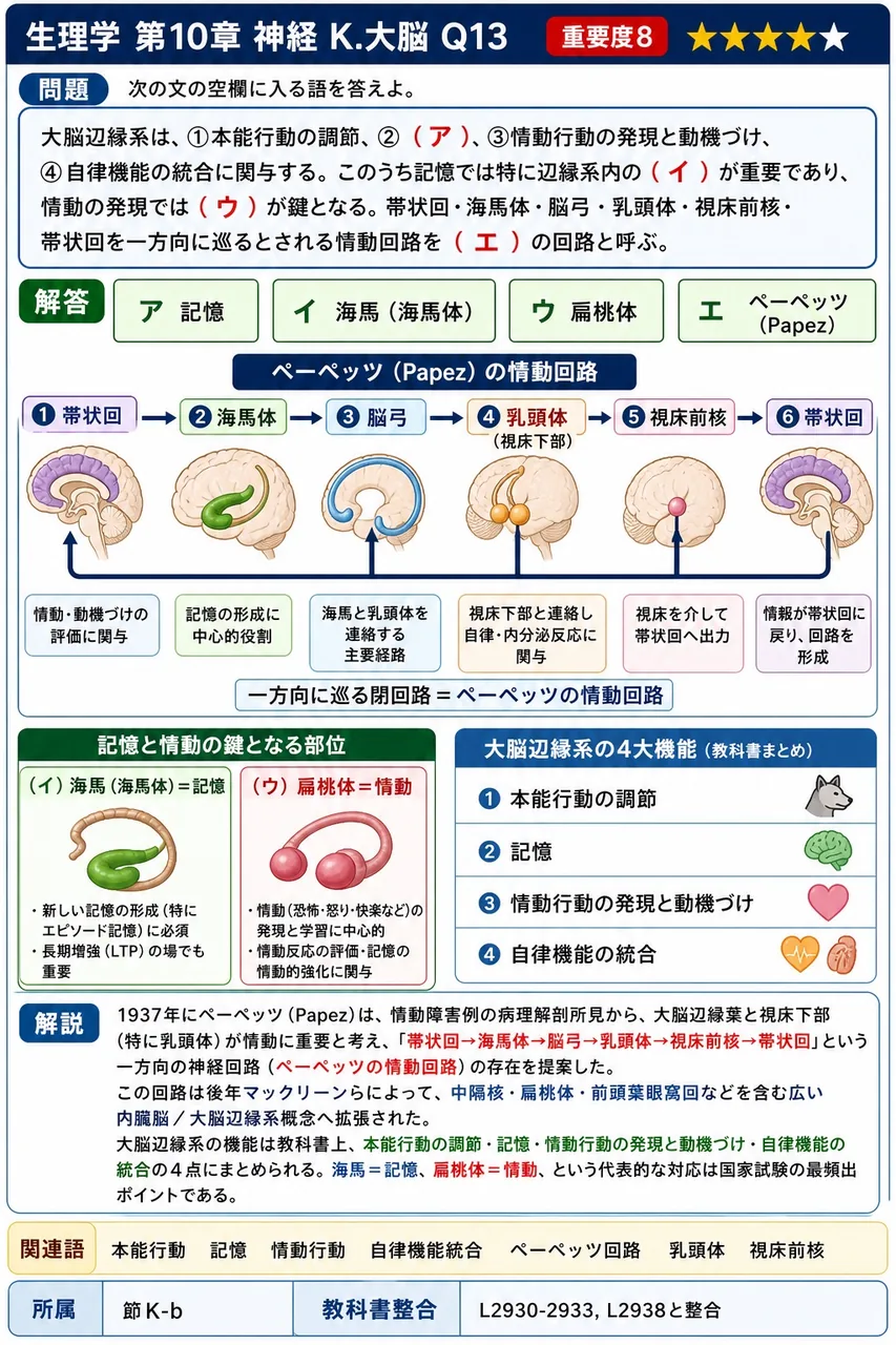次の文の空欄に入る語を答えよ。 大脳辺縁系は、①本能行動の調節、②(ア)、③情動行動の発現と動機づけ、④自律機能の統合に関与する。このうち記憶では特に辺縁系内の(イ)が重要であり、情動の発現では(ウ)が鍵となる。帯状回・海馬体・脳弓・乳頭体・視床前核・帯状回を一方向に巡るとされる情動回路を(エ)の回路と呼ぶ。 解説図
