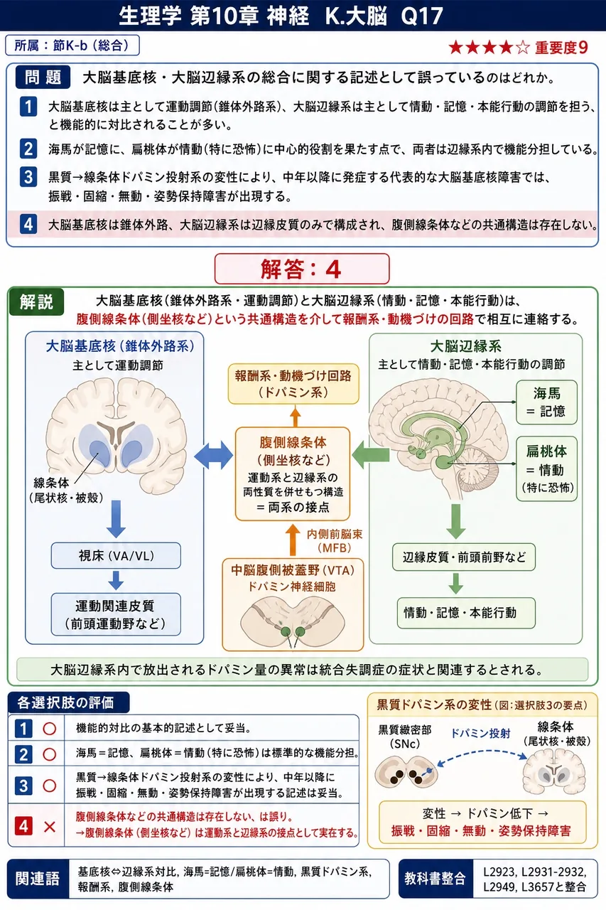 大脳基底核・大脳辺縁系の総合に関する記述として誤っているのはどれか。 解説図
