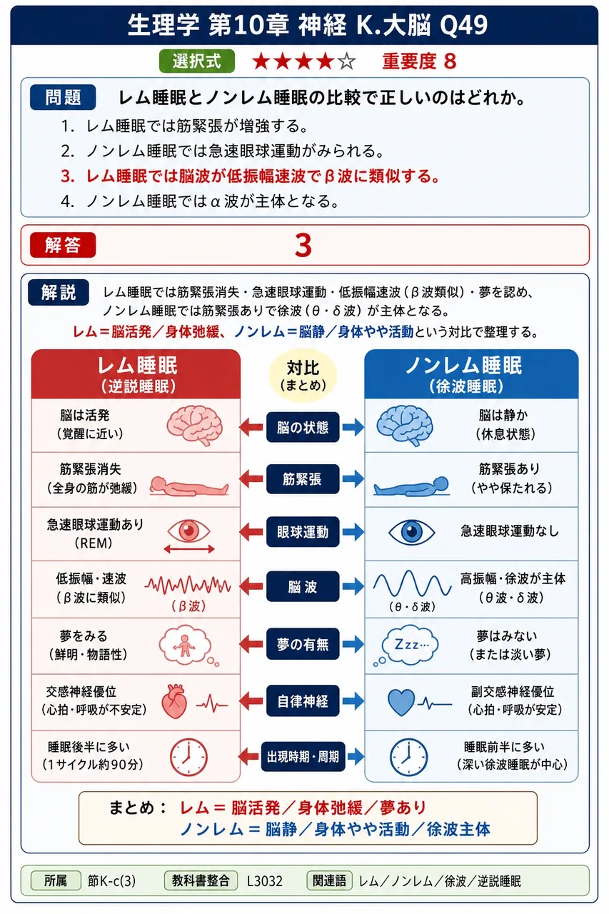 レム睡眠とノンレム睡眠の比較で正しいのはどれか。 解説図