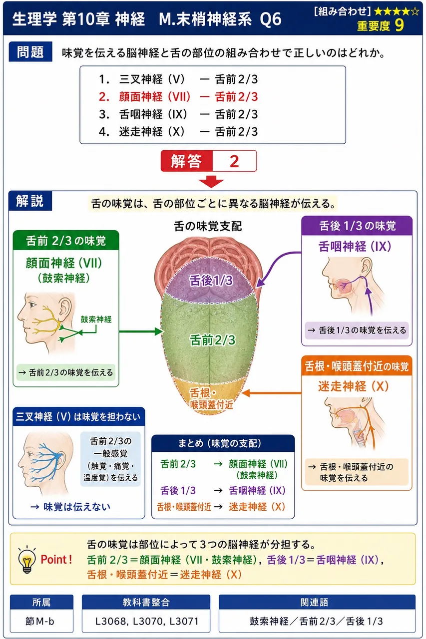 味覚を伝える脳神経と舌の部位の組み合わせで正しいのはどれか。 解説図