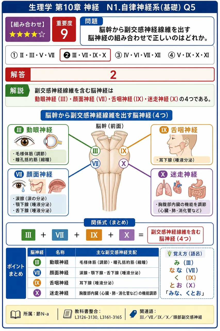 脳幹から副交感神経線維を出す脳神経の組み合わせで正しいのはどれか。 解説図