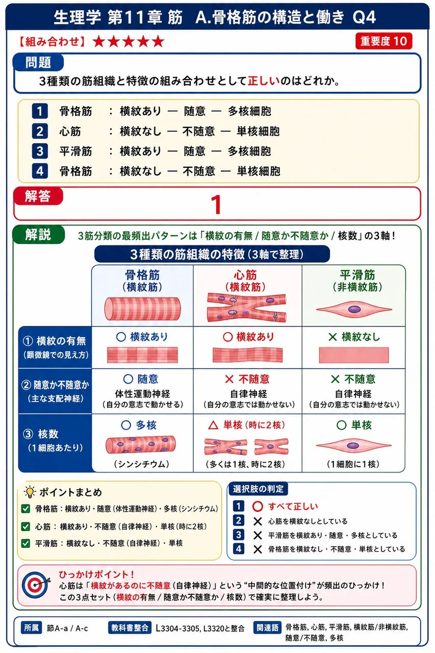 3種類の筋組織と特徴の組み合わせとして正しいのはどれか。 解説図
