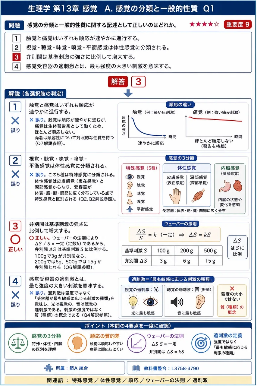 感覚の分類と一般的性質に関する記述として正しいのはどれか。 解説図