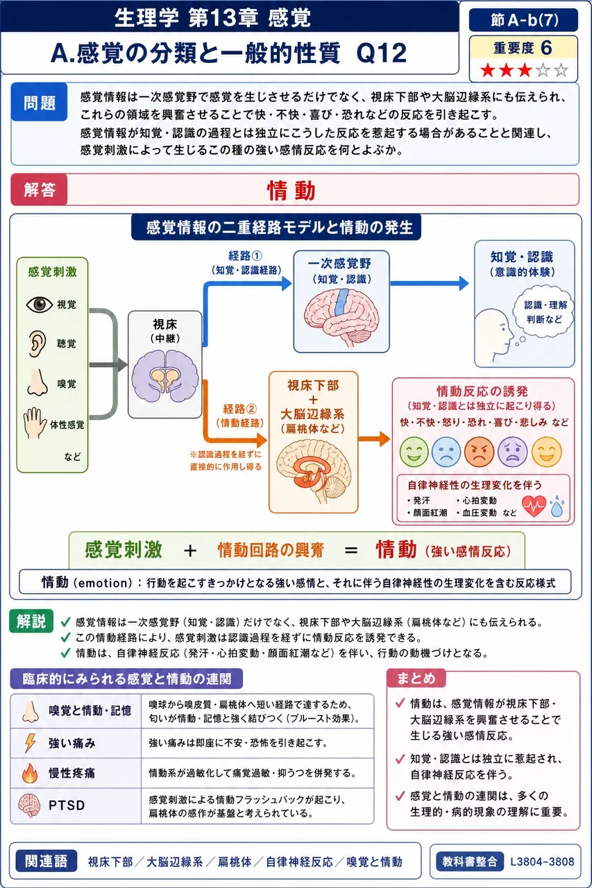 感覚情報は一次感覚野で感覚を生じさせるだけでなく、視床下部や大脳辺縁系にも伝えられ、これらの領域を興奮させることで快・不快・喜び・恐れなどの反応を引き起こす。感覚情報が知覚・認識の過程とは独立にこうした反応を惹起する場合があることと関連し、感覚刺激によって生じるこの種の強い感情反応を何とよぶか。 解説図