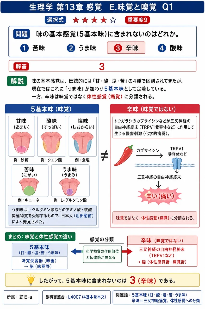 味の基本感覚(5基本味)に含まれないのはどれか。 解説図