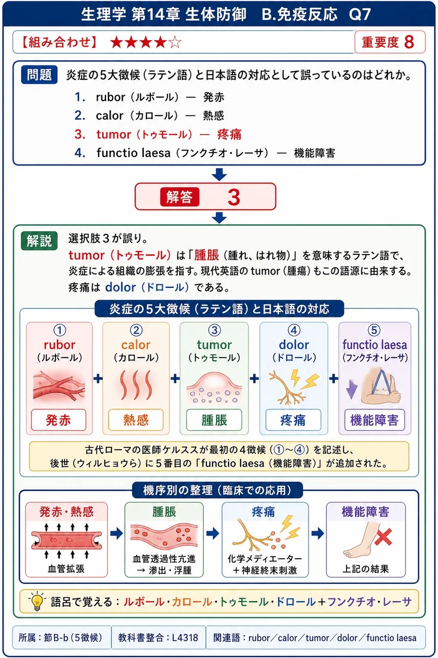 炎症の5大徴候(ラテン語)と日本語の対応として誤っているのはどれか。 解説図