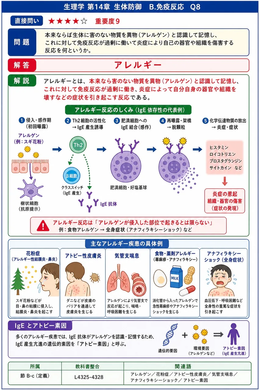 本来ならば生体に害のない物質を異物（アレルゲン）と認識して記憶し、これに対して免疫反応が過剰に働いて炎症により自己の器官や組織を傷害する反応を何というか。 解説図