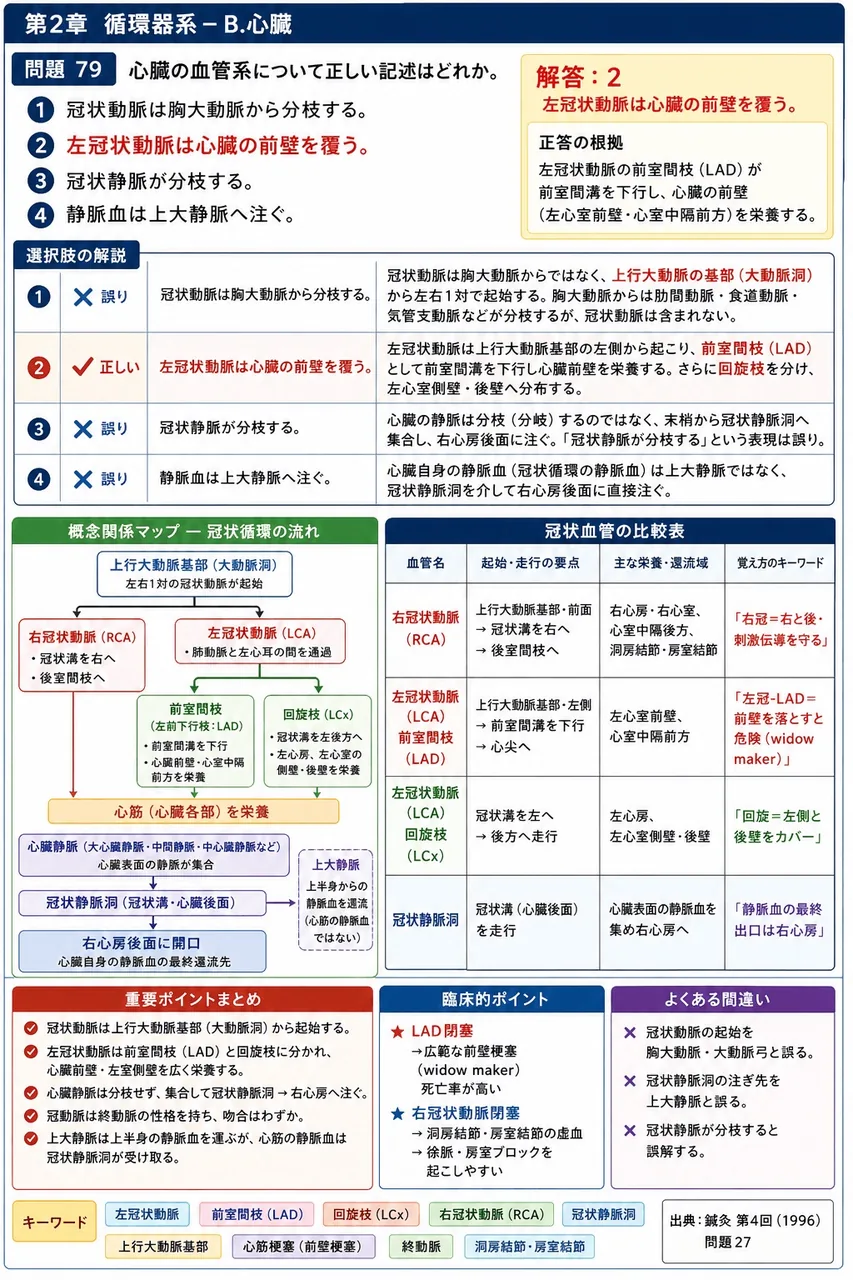 鍼灸 第4回(1996) 問題27|心臓の血管系について正しい記述はどれか。 解説図