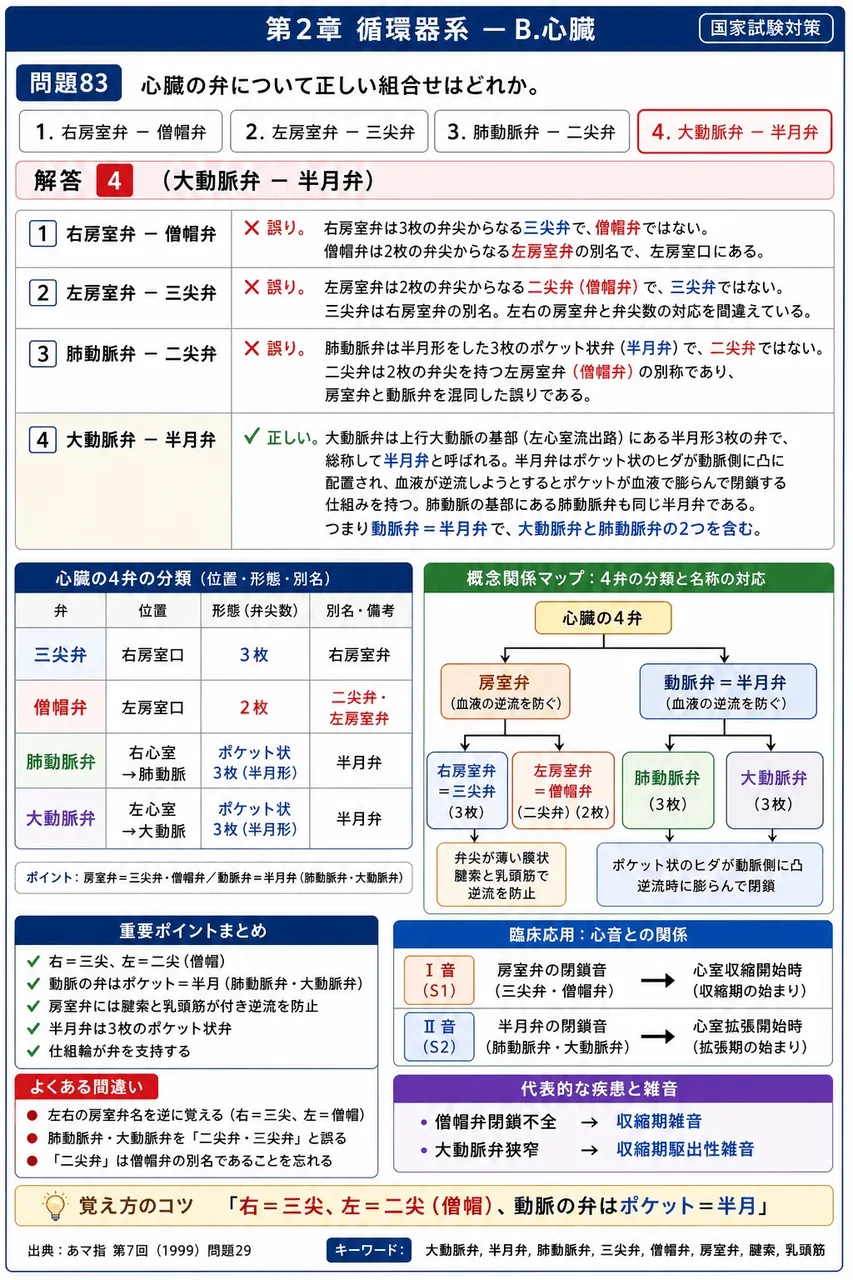 あマ指 第7回(1999) 問題29｜心臓の弁について正しい組合せはどれか。 解説図