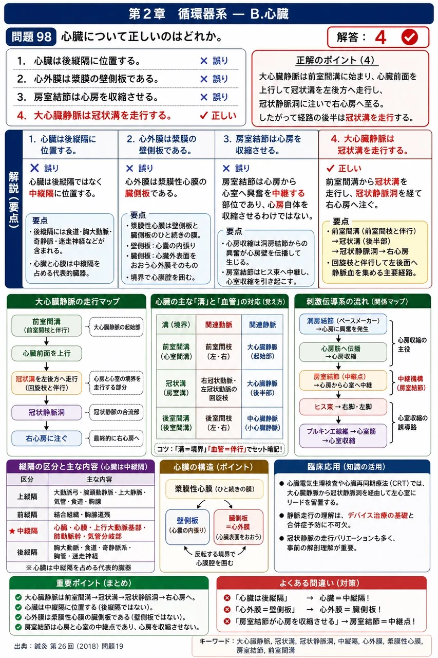鍼灸 第26回(2018) 問題19｜心臓について正しいのはどれか。 解説図