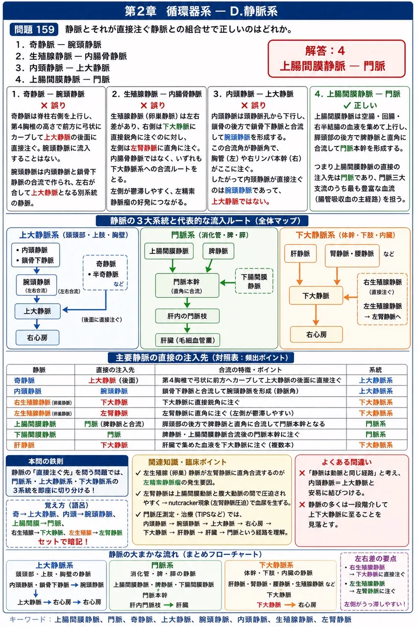 鍼灸 第19回(2011) 問題24｜静脈とそれが直接注ぐ静脈との組合せで正しいのはどれか。 解説図