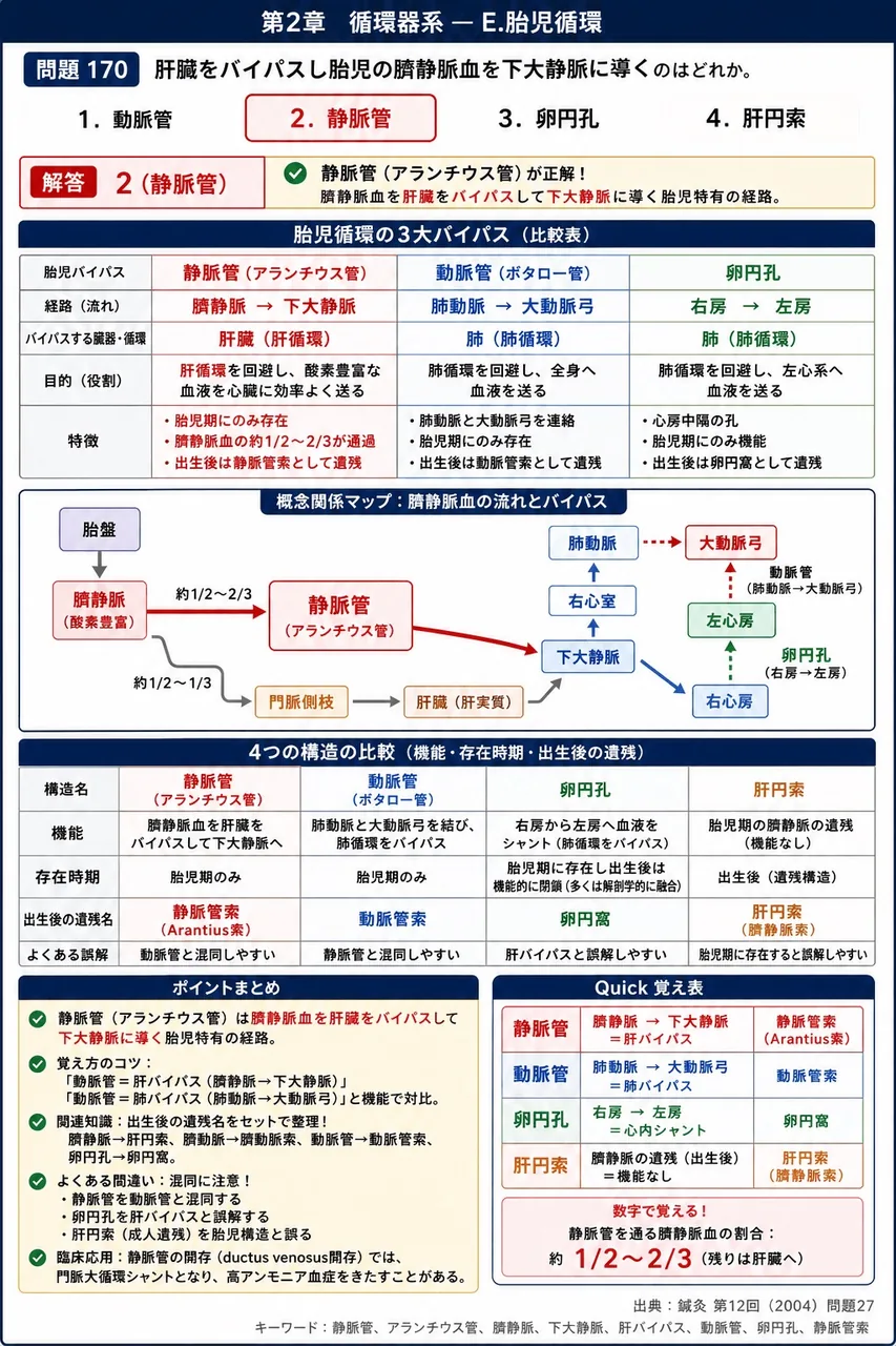 鍼灸 第12回(2004) 問題27｜肝臓をバイパスし胎児の臍静脈血を下大静脈に導くのはどれか。 解説図