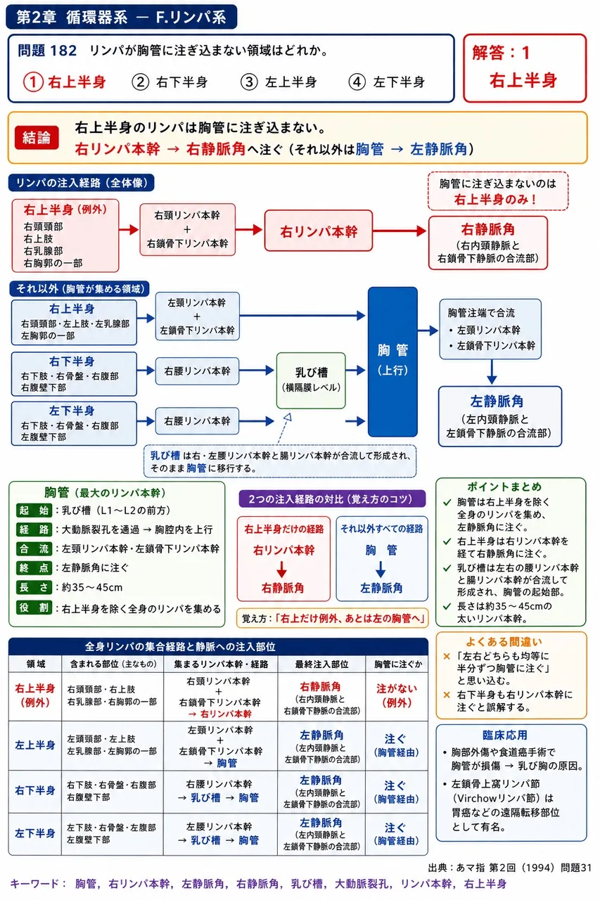 あマ指 第2回(1994) 問題31｜リンパが胸管に注ぎ込まない領域はどれか。 解説図