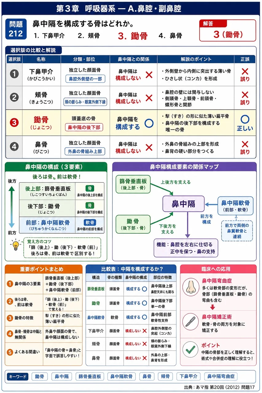 あマ指 第20回(2012) 問題17｜鼻中隔を構成する骨はどれか。 解説図