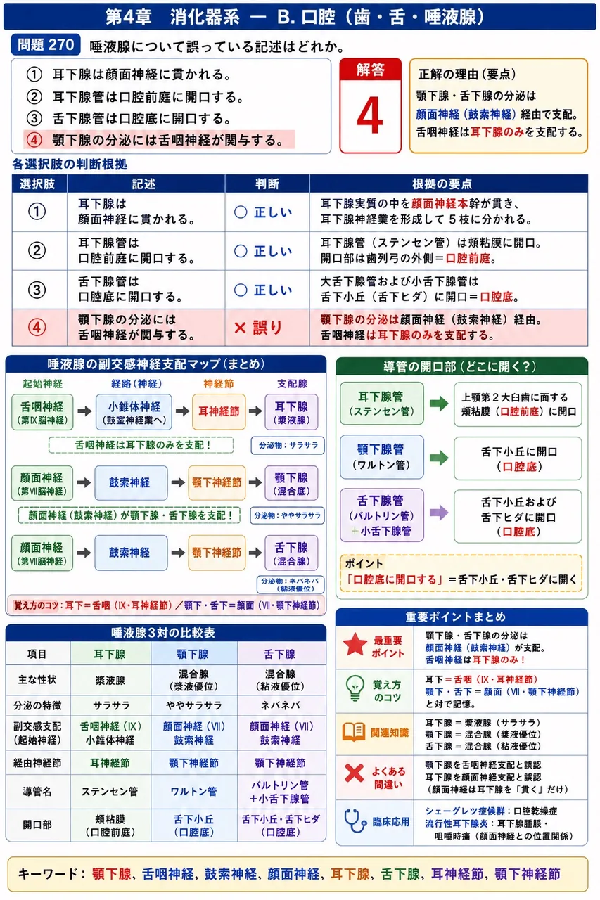 鍼灸 第16回(2008) 問題22|唾液腺について誤っている記述はどれか。 解説図