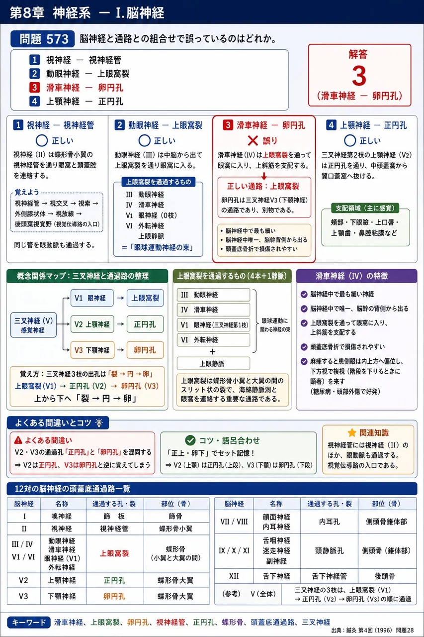 鍼灸 第4回(1996) 問題28｜脳神経と通路との組合せで誤っているのはどれか。 解説図