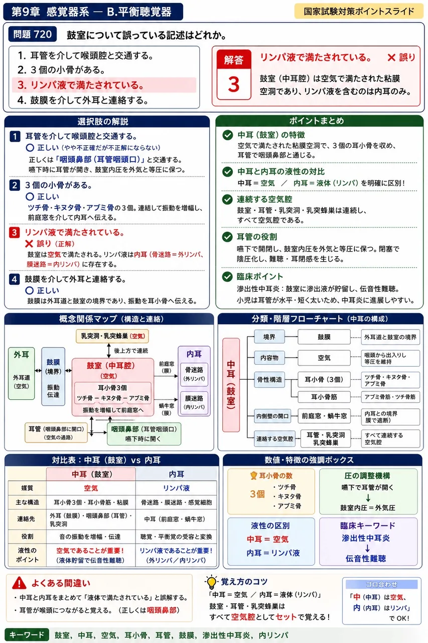 鍼灸 第4回(1996) 問題31｜鼓室について誤っている記述はどれか。 解説図