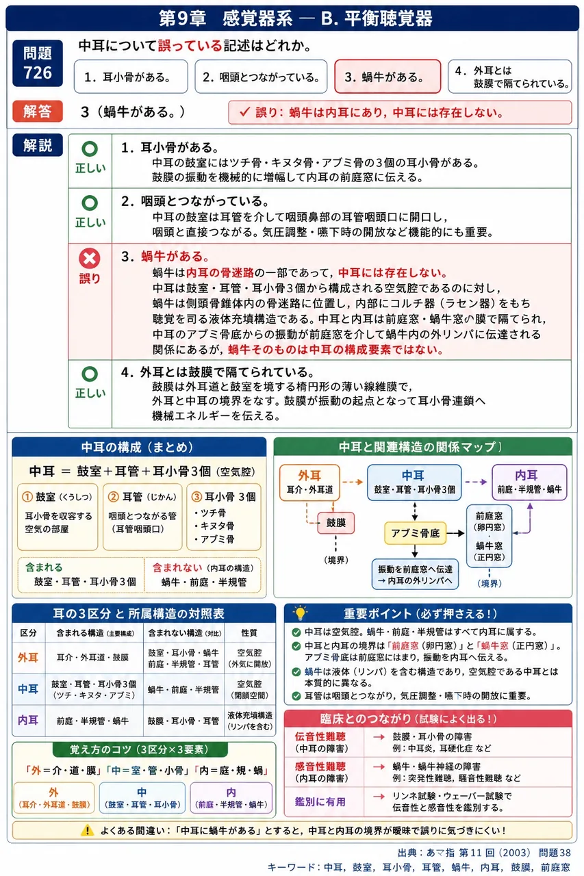 あマ指 第11回(2003) 問題38｜中耳について誤っている記述はどれか。 解説図