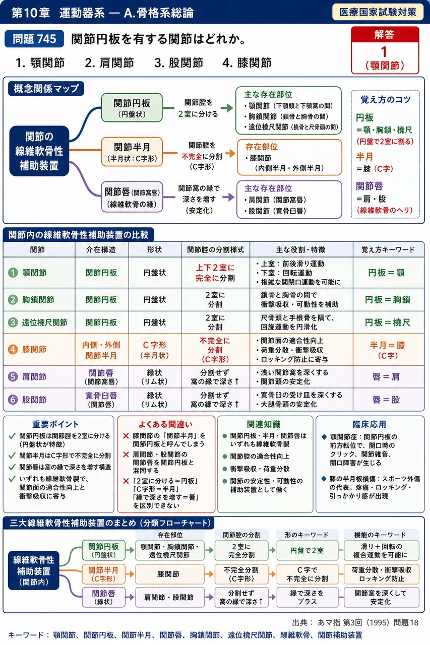 あマ指 第3回(1995) 問題18|関節円板を有する関節はどれか。 解説図