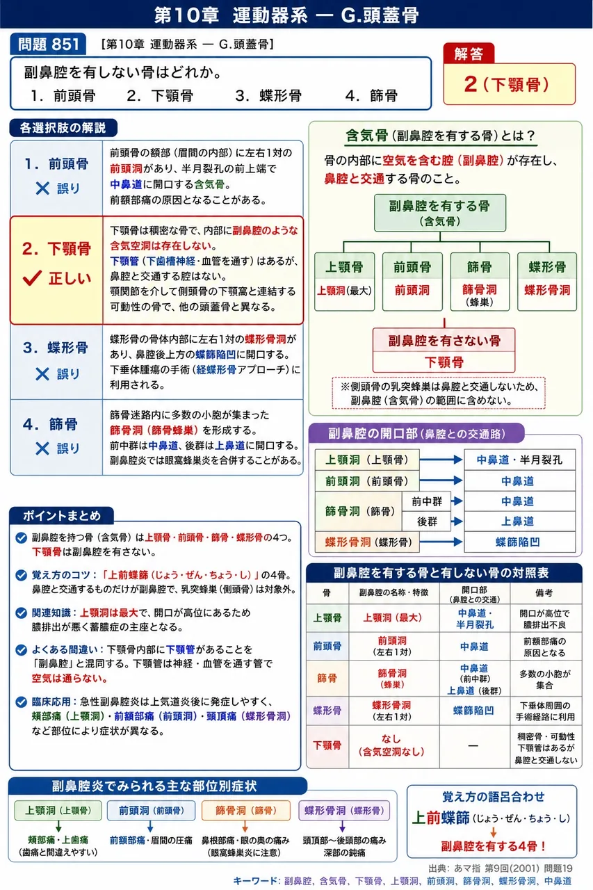 あマ指 第9回(2001) 問題19｜副鼻腔を有しない骨はどれか。 解説図