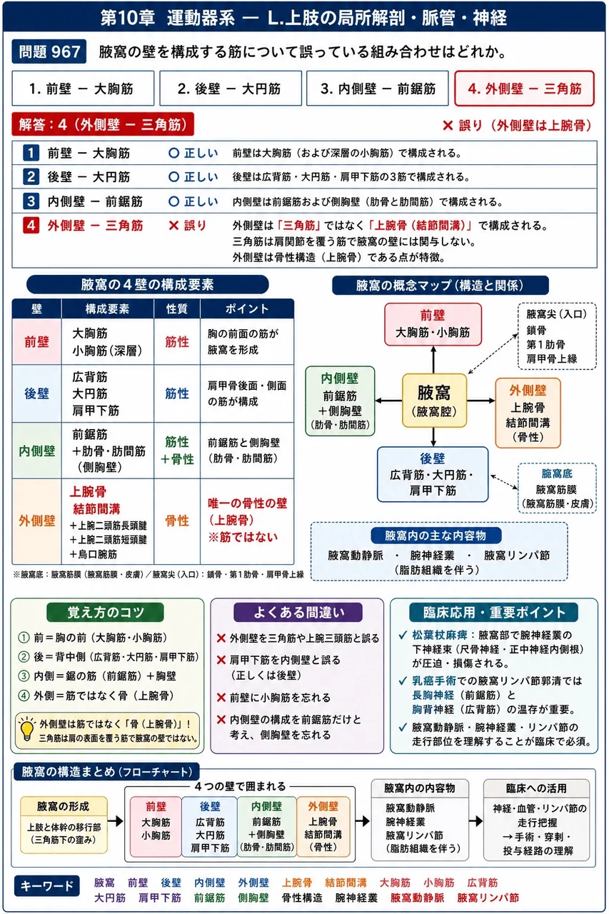 鍼灸 第14回(2006) 問題14｜腋窩の壁を構成する筋について誤っている組み合わせはどれか。 解説図