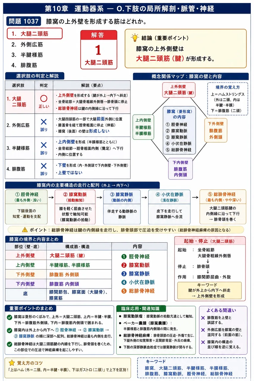 鍼灸 第4回(1996) 問題20｜膝窩の上外壁を形成する筋はどれか。 解説図