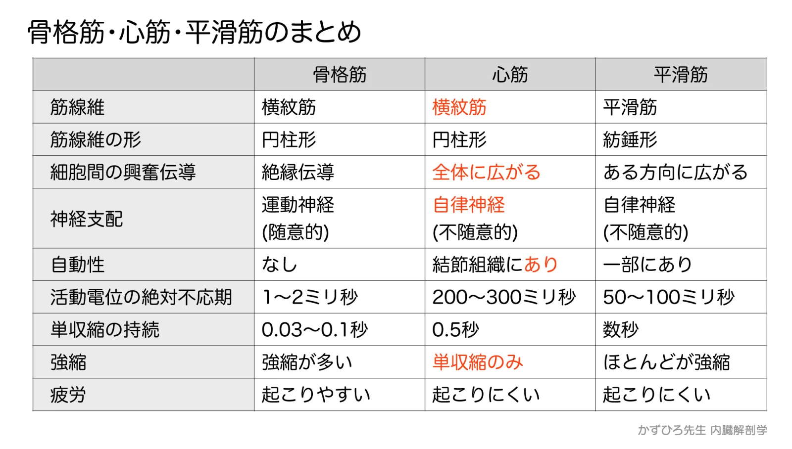 骨格筋・心筋・平滑筋-比較表