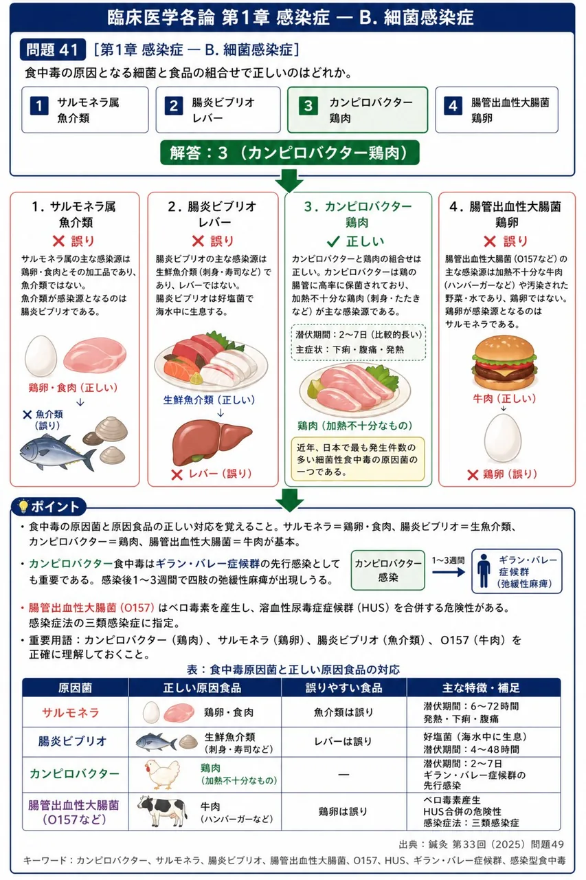 鍼灸 第33回(2025) 問題49｜食中毒の原因となる細菌と食品の組合せで正しいのはどれか。 解説図