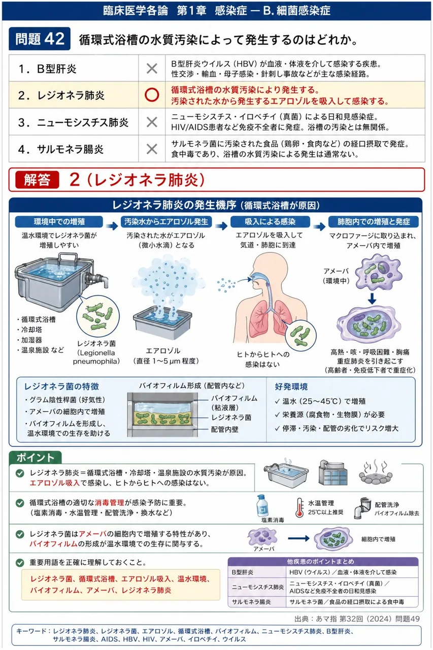 あマ指 第32回(2024) 問題49｜循環式浴槽の水質汚染によって発生するのはどれか。 解説図