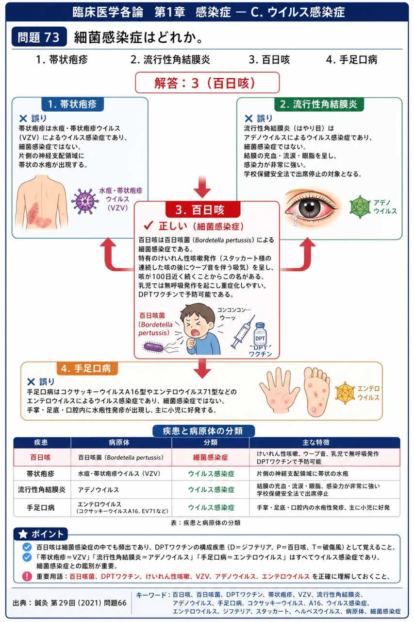 鍼灸 第29回(2021) 問題66｜細菌感染症はどれか。 解説図
