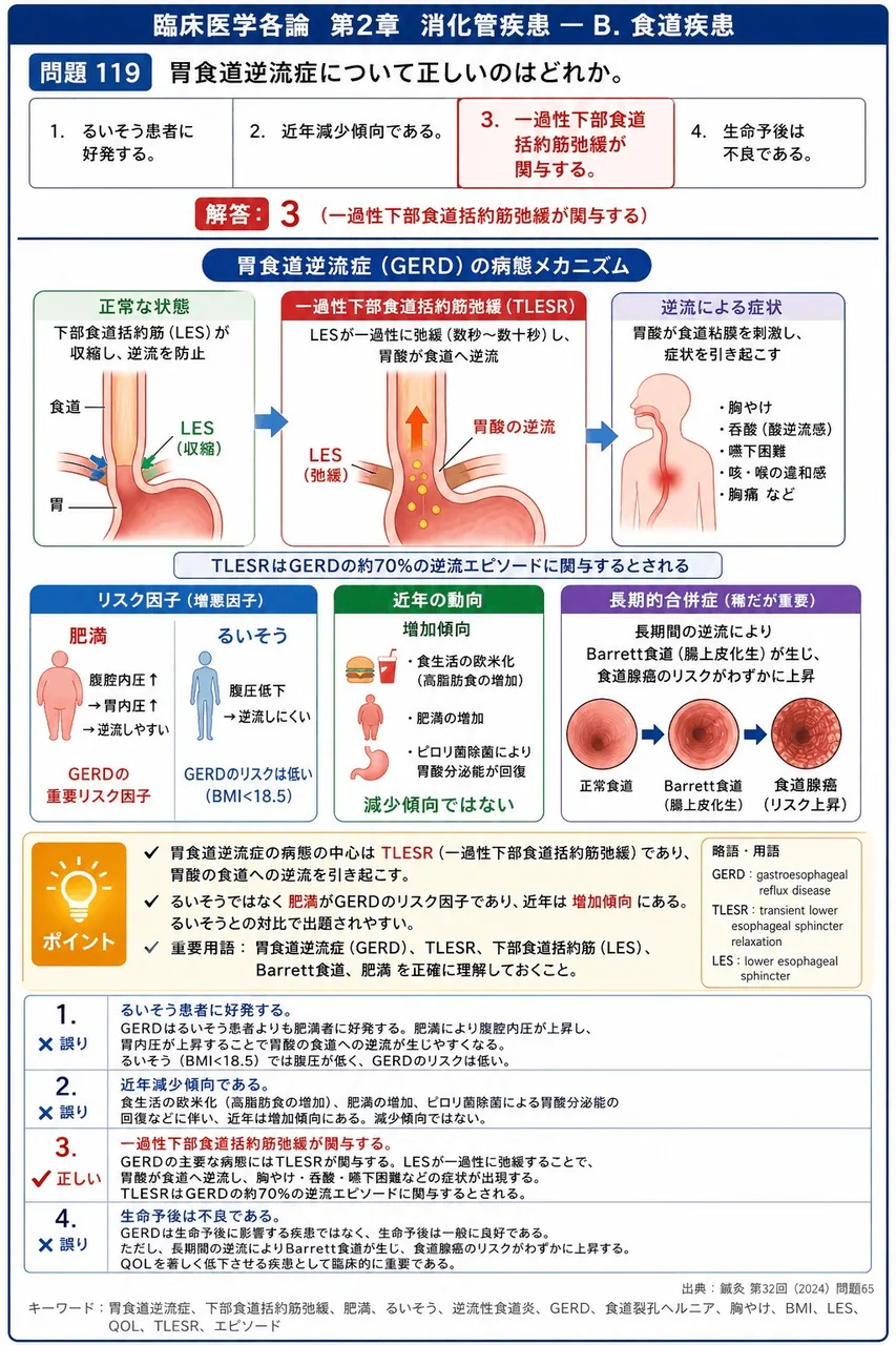 鍼灸 第32回(2024) 問題65｜胃食道逆流症について正しいのはどれか。 解説図