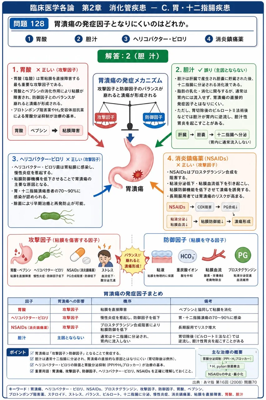 あマ指 第16回(2008) 問題70｜胃潰瘍の発症因子となりにくいのはどれか。 解説図