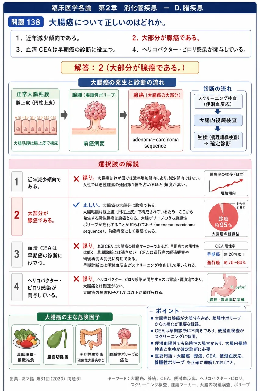 あマ指 第31回(2023) 問題61｜大腸癌について正しいのはどれか。 解説図