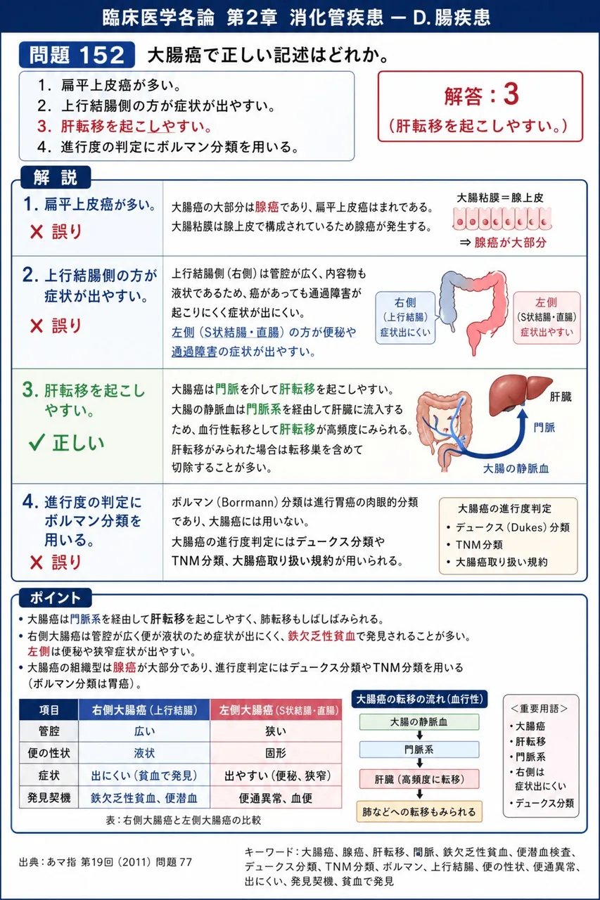 あマ指 第19回(2011) 問題77｜大腸癌で正しい記述はどれか。 解説図
