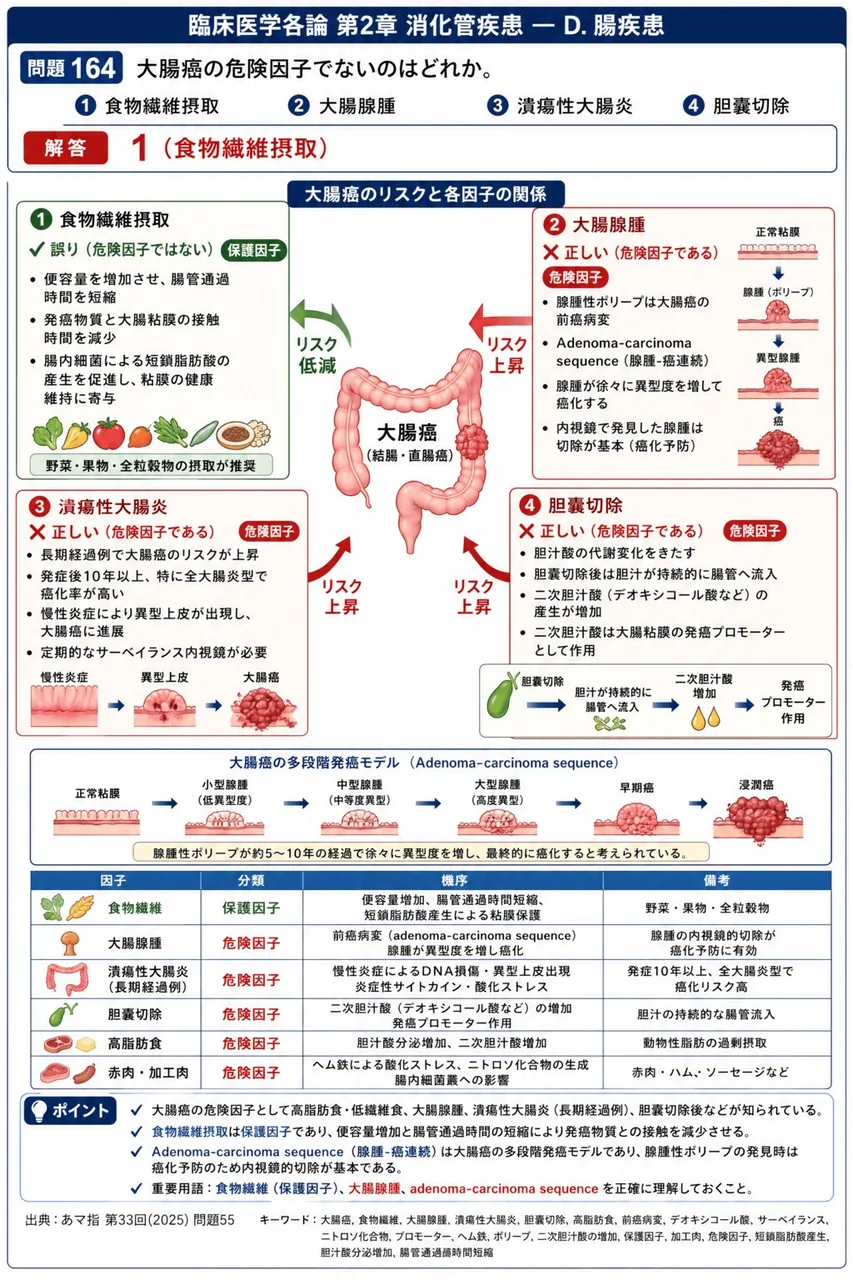 あマ指 第33回(2025) 問題55｜大腸癌の危険因子でないのはどれか。 解説図