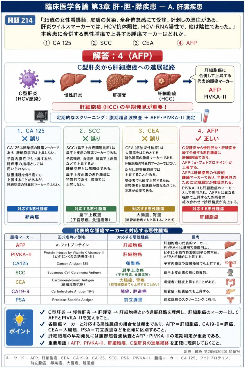 鍼灸 第28回(2020) 問題76｜「35歳の女性看護師。皮膚の黄染、全身倦怠感にて受診。針刺しの既往がある。肝炎ウイルスマーカーでは、HCV抗体陽性、HCV-RNA陽性で、他は陰性であった。」本疾患に合併する悪性腫瘍で上昇する腫瘍マーカーはどれか。 解説図