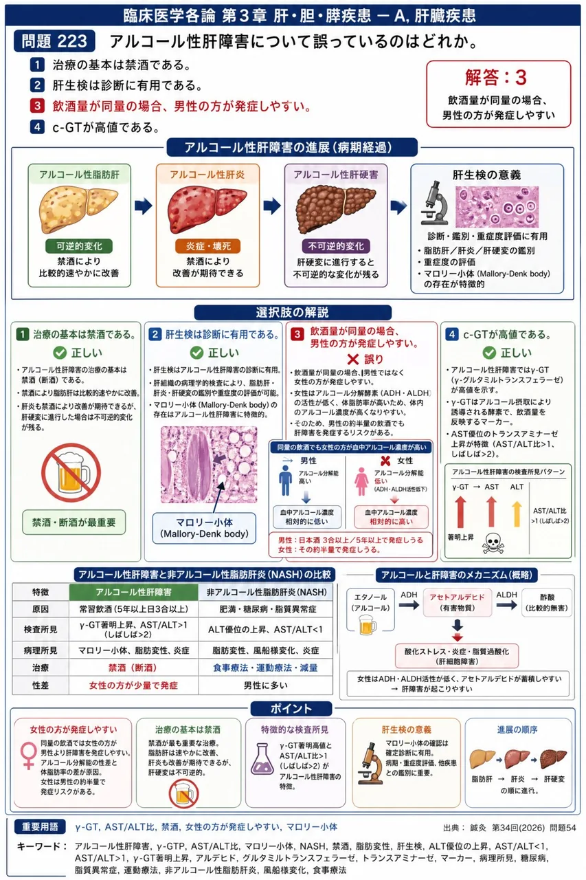 鍼灸 第34回(2026) 問題54｜アルコール性肝障害について誤っているのはどれか。 解説図