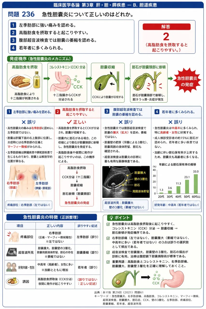 あマ指 第29回(2021) 問題61｜急性胆囊炎について正しいのはどれか。 解説図