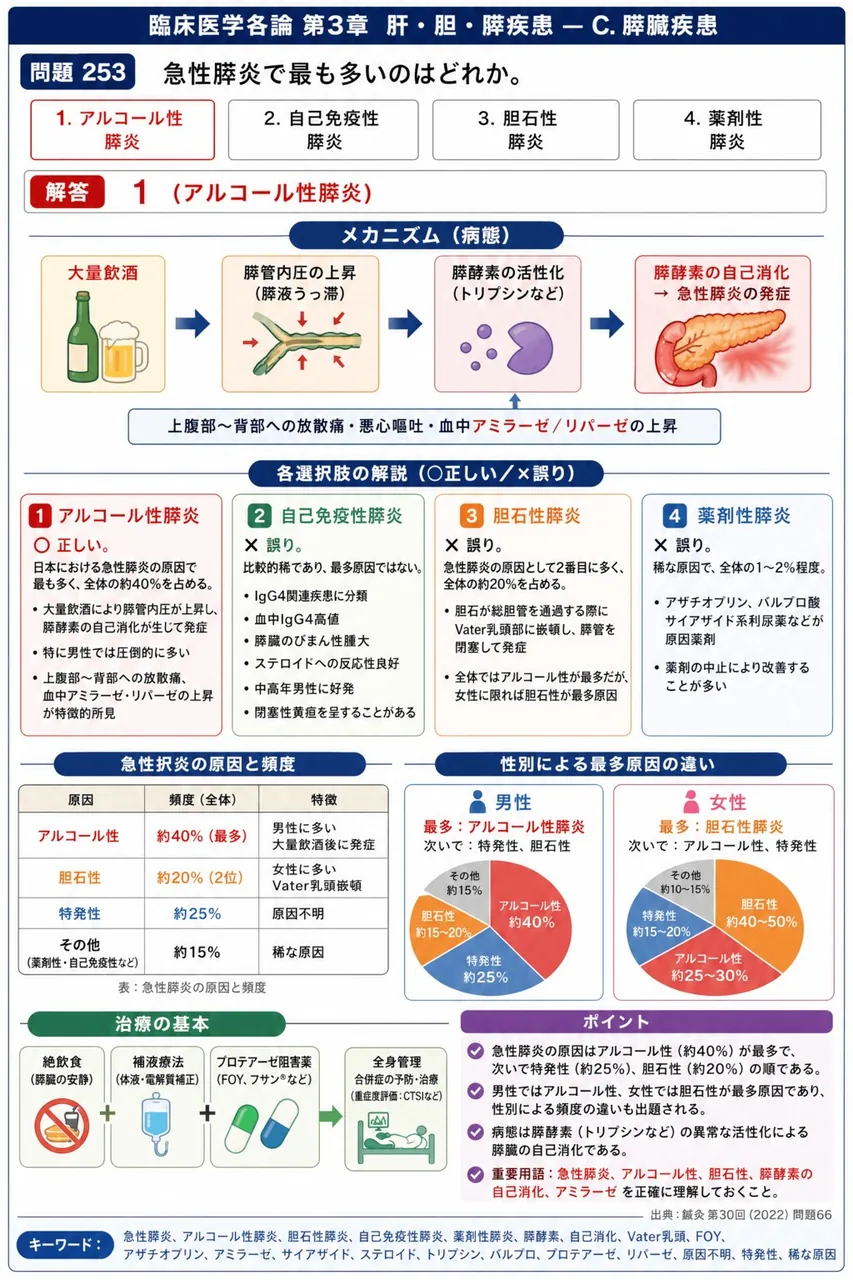 鍼灸 第30回(2022) 問題66|急性膵炎で最も多いのはどれか。 解説図